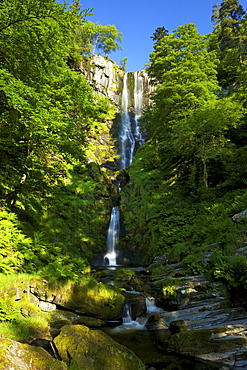 Pistyll Rhaeadr waterfall near Llanrhaeadr-ym-Mochnant, early morning in June, Powys, Wales, United Kingdom, Europe