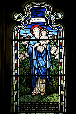 Stained glass window of St. Mary, by Stephen Coyne, Morris and Co, dating from 1924, Cloisters, Gloucester Cathedral, Gloucester, Gloucestershire, England, United Kingdom, Europe