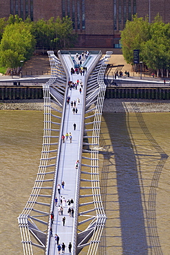 Aerial view of Tate Modern and Millennium Bridge, Bankside, taken from the Golden Galler of St. Paul's Cathedral, City of London, England, United Kingdom, Europe