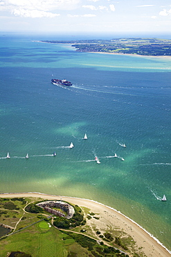 Aerial view of yachts racing in Cowes Week on the Solent, Isle of Wight, England, United Kingdom, Europe