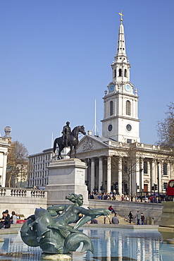 Trafalgar Square fountains and St. Martin in the Fields, London, England, United Kingdom, Europe