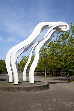 Entrance to Allwetterzoo, iron sculpture of a mythical giraffe, Muenster, Muensterland, North Rhine-Westphalia, Germany, Europe