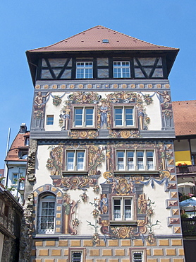 Zum Goldenen Loewen residential tower built in 1450, one of the oldest houses in Konstanz, Constance, Baden-Wuerttemberg, Germany, Europe