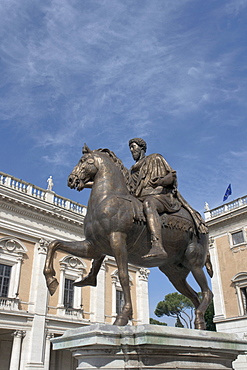 Bronze equestrian statue of Marcus Aurelius in Piazza del Campidoglio, on the Capitoline hill, Rome, Italy, Europe