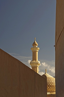 Minaret and dome of the Sultan Quaboos Mosque as seen from the fort, Nizwa, Oman, Middle East