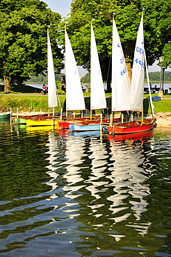 Colourful sailing boats in the harbor of Prien on Lake Chiemsee, Chiemgau, Bavaria, Germany, Europe