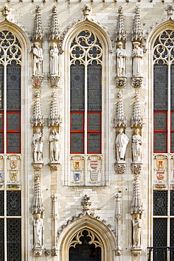 Detail of the facade of the city hall, historic centre of Bruges, Unesco World Heritage Site, Belgium, Europe