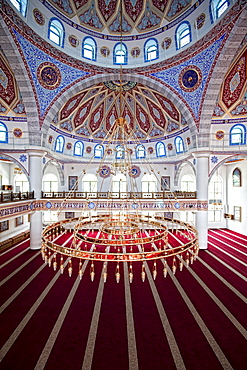 Interior of the Ditib Merkez Mosque, Germany's largest mosque, Duisburg-Marxloh, North Rhine-Westphalia, Germany, Europe