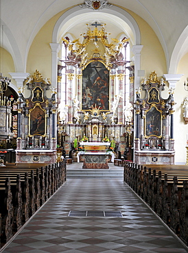 Interior, choir, nave, Heilig-Kreuz-Kirche church, Offenburg, Baden-Wuerttemberg, Germany, Europe