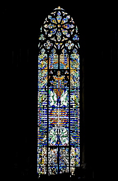 Interior, church window in the organ room, Protestant city church, Ravensburg, Baden-Wuerttemberg, Germany, Europe