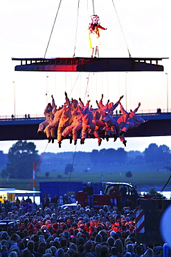 Global Rheingold, theatrical spectacle of the Spanish theatre group La Fura dels Baus, opening of the theatre festival Duisburg accents, part of the European Capital of Culture Ruhr 2010 celebrations, open-air theatre on Mercatorinsel in the harbour of Du