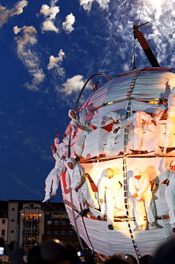 Actors dressed in white climb out a large balloon, globe, Global Rheingold, open-air theater by La Fura dels Baus, Duisburg-Ruhrort, Ruhrgebiet area, North Rhine-Westphalia, Germany, Europe