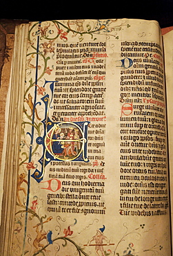 Handwritten missal with artistic illuminations, initial with the Three Magi, illumination, Stiftsmuseum Museum Xanten monastery museum, Xanten, Niederrhein region, North Rhine-Westphalia, Germany, Europe