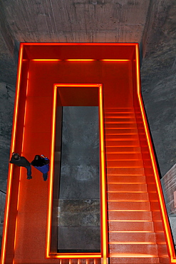 Illuminated staircase in the former coal washing plant, new Ruhr Museum, UNESCO World Heritage Site Zeche Zollverein, Essen, Ruhrgebiet region, North Rhine-Westphalia, Germany, Europe