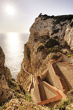 652 steps leading down to the stalactite cave Grotta di Nettuno, Neptune's Grotto, Sardinia, Italy, Europe