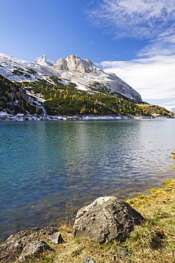 Fedaia lake and Marmolada, Dolomites, Trentino-Alto Adige, Italy, Europe