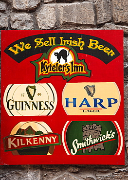 Plaque with brands of Irish beer, restaurant and pub, Kyteler's Inn, Kilkenny, County Kilkenny, Ireland, British Isles, Europe