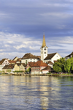 View over the Rhine to the medieval city of Diessenhofen, canton Thurgau, Switzerland, Europe