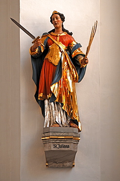 Statue of St. Juliana in the Jesuit church, Pfarrkirche Heiliger Geist und St. Ignatius parish church of the Holy Spirit and St. Ignatius, built from 1712 1759 in Baroque style, Richard Hauser Platz, Heidelberg, Baden-Wuerttemberg, Germany, Europe