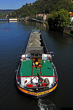 Loaded barge on the Neckar river near Heidelberg, Baden-Wuerttemberg, Germany, Europe