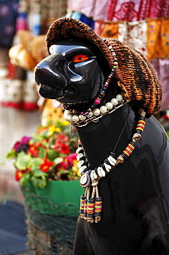 Decoration, figure of a panther with a knitted cap and jewelry in front of a fashion shop, Heidelberg, Baden-Wuerttemberg, Germany, Europe