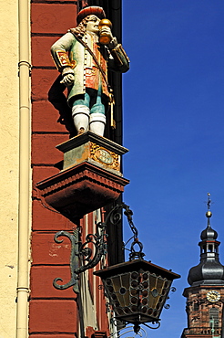 Figure of the restaurant Perkeo, on the right tower of the Heiliggeistkirche Holy Ghost Church, Hauptstrasse 127, Heidelberg, Baden-Wuerttemberg, Germany, Europe