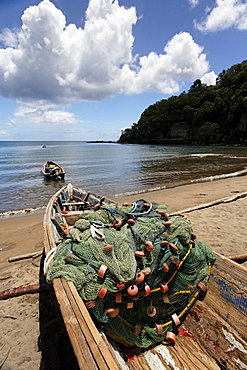 Fishing boat on a beach with a net, sea, horizon, clouds, Saint Lucia, LCA, Windward Islands, Lesser Antilles, Caribbean, Caribbean Sea