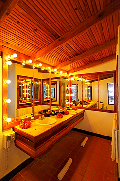 Mirrored bathroom with lit bulbs, Luxury Hotel Anse Chastanet Resort, LCA, St. Lucia, Saint Lucia island, Leeward Islands, Lesser Antilles, Caribbean, Caribbean Sea