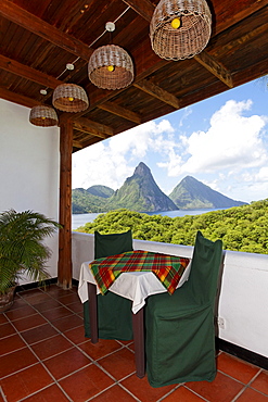 Hotelroom with table and chairs and view on the Pitons mountains, Hotel Anse Chastanet Resort, LCA, St. Lucia, Saint Lucia, Island Windward Islands, Lesser Antilles, Caribbean, Caribbean Sea