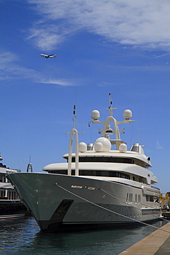 Motoryacht Montkaj, Amels Holland B.V. shipyard, in the port in Antibes, Departement Alpes Maritimes, Region Provence Alpes Cote d'Azur, France, in Europe