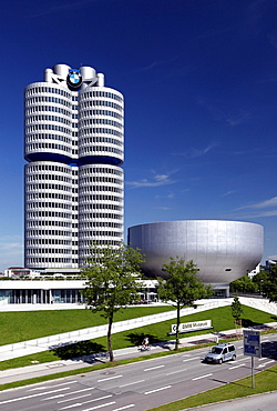 BMW high-rise building and BMW Museum, headquarters of the Bavarian Motor Works, Munich, Bavaria, Germany, Europe