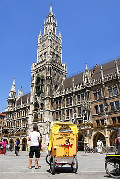 Bicycle rickshaw, New Town Hall with its tower, neo Gothic architecture, Marienplatz square, historic centre, Munich, Upper Bavaria, Germany, Europe