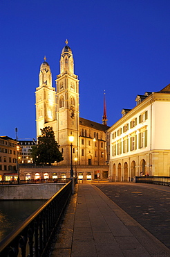 Grossmuenster minster and Helmhaus annex at night, Zurich, Switzerland, Europe