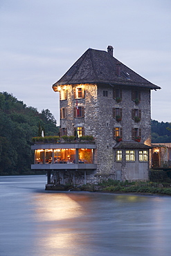 Restaurant at the Rhine Falls near Schaffhausen illuminated at night, Switzerland, Europe