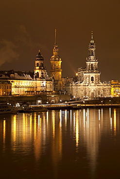 Bank of the Elbe River, Terrassenufer banks, Dresden Castle, Neues Staendehaus building, the building of the Higher Regional Court and the Cathedral of St. Trinitatis, Dresden, Saxony, Germany, Europe