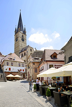 View from the lower town to the Protestant City Church, Sibiu, Romania, Europe