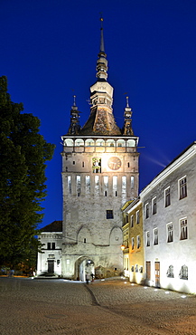 Clock Tower in the evening, old town, UNESCO World Heritage Site, Sighisoara, Transylvania, Romania, Europe