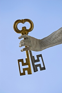 St. Peter holding the Keys of Heaven, detail, hand with 2 keys, in front of Salzburg Cathedral, UNESCO World Heritage Site, Salzburg, Austria, Europe