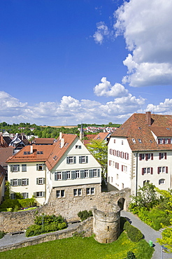 Townscape with former town wall and Rondellturm round tower, Marbach am Neckar, Neckar valley, Baden-Wuerttemberg, Germany, Europe