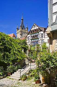 Street in the historic town centre with Blue Tower, Bad Wimpfen, Neckartal, Baden-Wuerttemberg, Germany, Europe