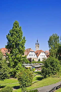 Cityscape at the town's moat with Blue Tower, Bad Wimpfen, Neckartal, Baden-Wuerttemberg, Germany, Europe