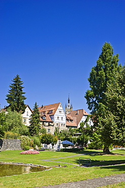 Cityscape at the town's moat with Blue Tower, Bad Wimpfen, Neckartal, Baden-Wuerttemberg, Germany, Europe