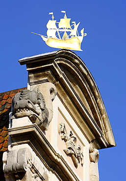 Golden sailing ship as a weathervane, old town, Ghent, East Flanders, Belgium, Europe