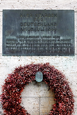 Wreath and plaque with the names of the Nazi officers who were executed, German Resistance Memorial, Bendlerblock, Berlin-Mitte, Germany, Europe