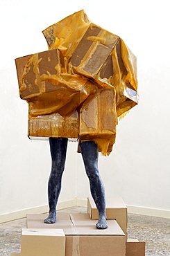 Statue, head and torso hidden under boxes, sculpture by Alexandra Polonskaja, exhibition of student works, Kunstakademie Duesseldorf arts academy, North Rhine-Westphalia, Germany, Europe