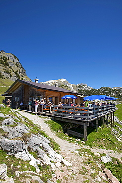 Alpine hut below Mt. Gschoellkopf in the Rofangebirge mountains near Achensee, Tyrol, Austria, Europe