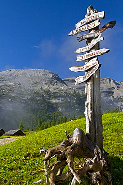 Hiking signs in Fanes-Sennes-Prags Nature Park, South Tyrol, Trentino-Alto Adige, Italy, Europe