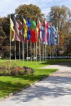 Flags in the spa park in Baden-Baden, Black Forest, Baden-Wuerttemberg, Germany, Europe