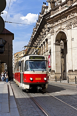 Tram, the Salvator Church behind, Prague, Czech Republic, Europe