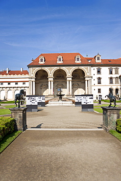 Wallenstein Palace and the castle garden, row of bronze statues, historic district, Prague, Czech Republic, Europe